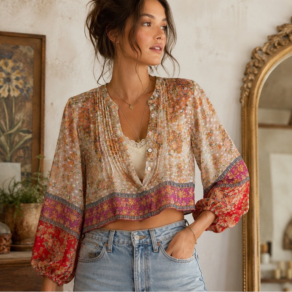 Figueroa & Flower Sheer Cropped Top Floral Boho Peasant Balloon Sleeves Blouse L